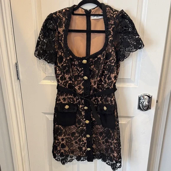 Self-Portrait Black guipure lace mini dress Dress gold buttons -  greenwatershopping.com